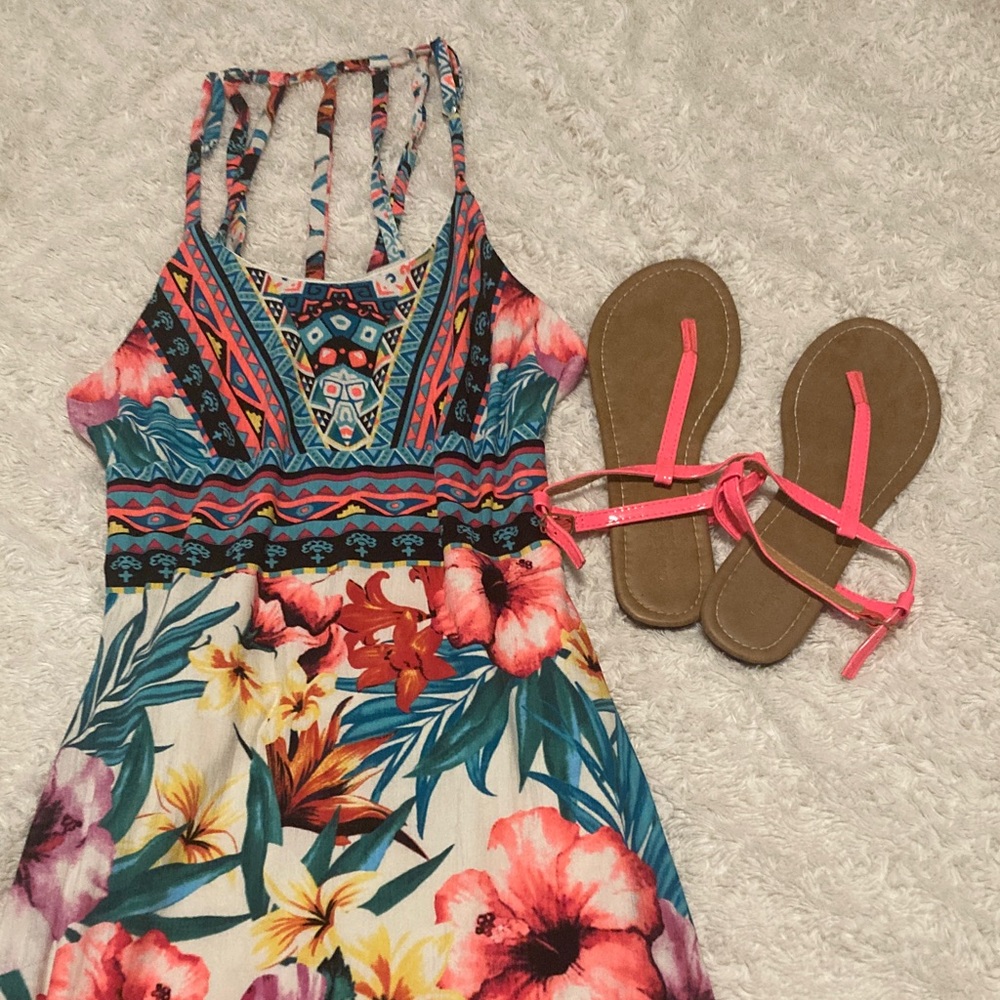 Charlotte Russe Multicolor Floral Maxi Dress with matching Sandals
